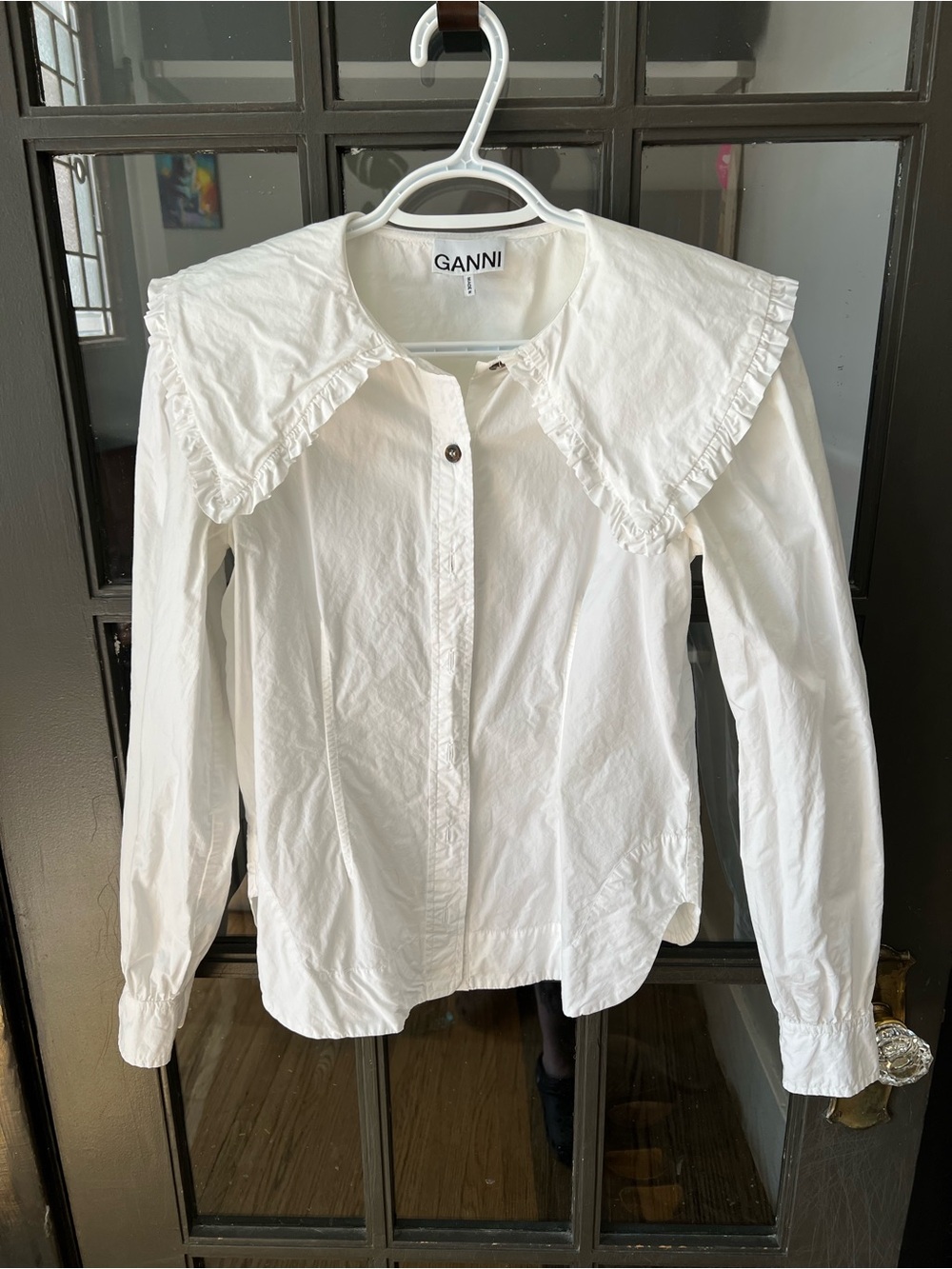 Ganni White Ruffle Collar Button-Down Shirt
